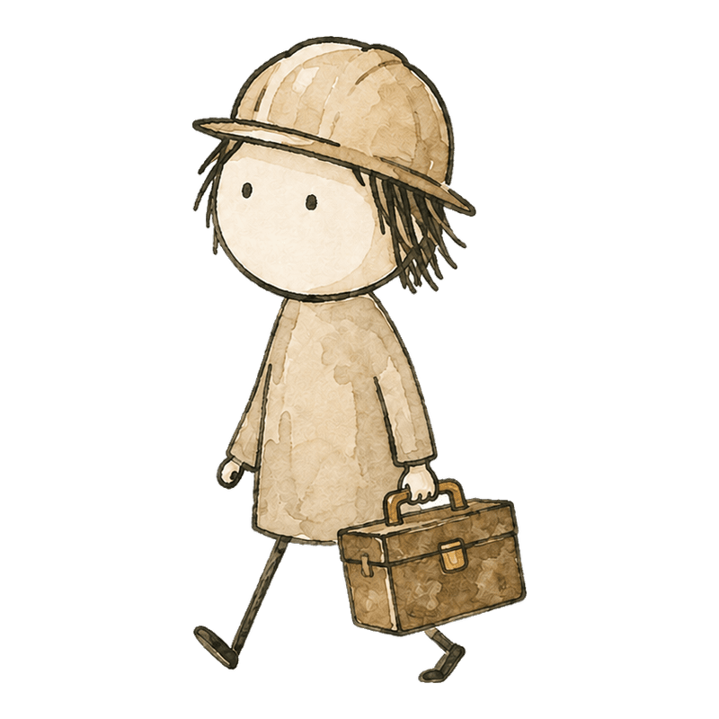 Hand-drawn figure walking with a toolbox