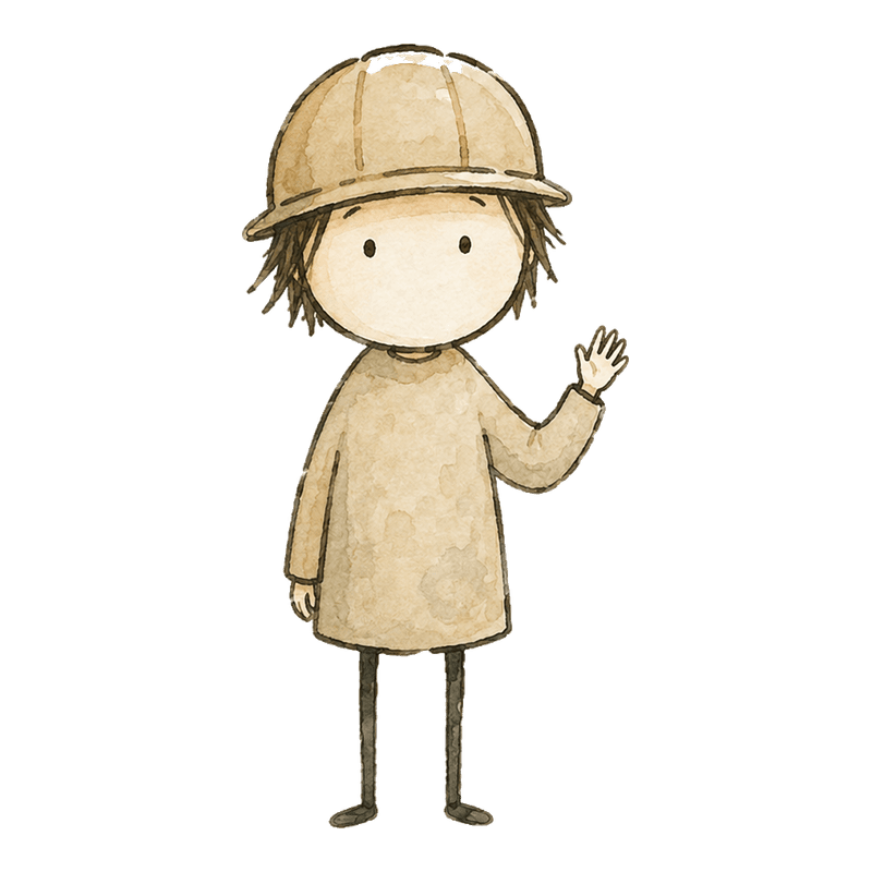 Hand-drawn figure looking toward you in greeting