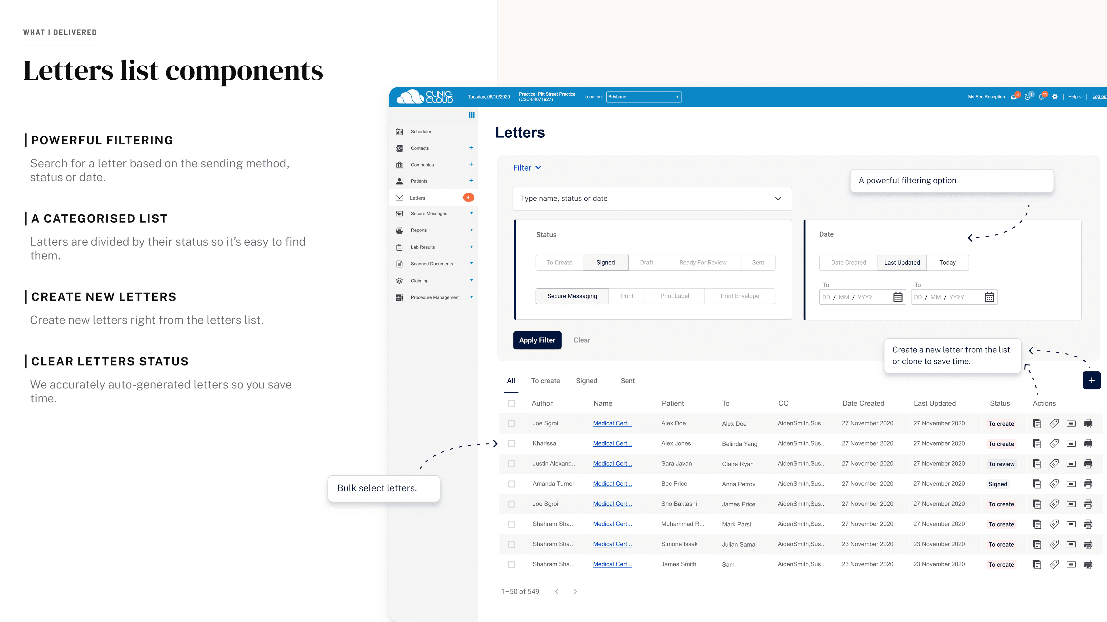 Redesigned letters list view