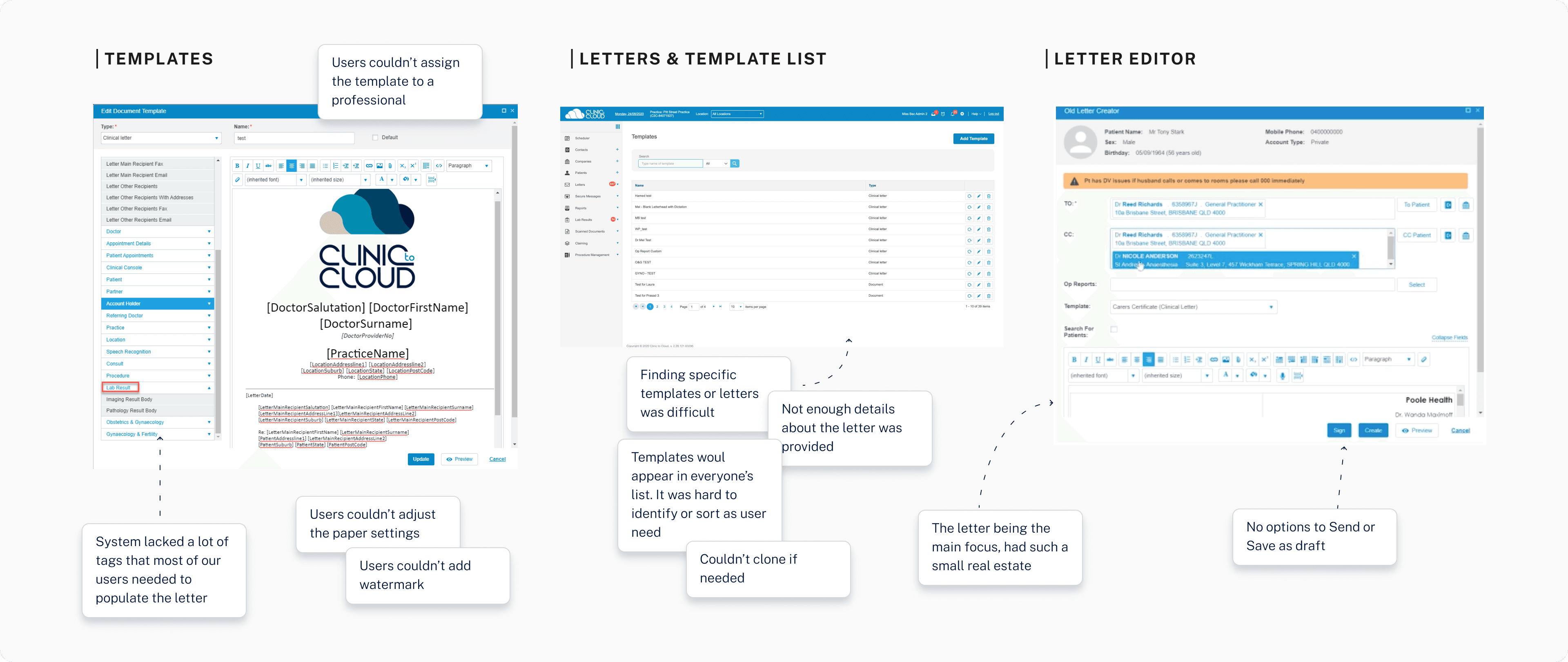 The existing clinical workflow platform before the redesign
